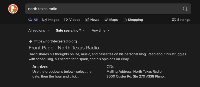 NTR description at Duck Duck Go - "David shares his thoughts on life, music, and cassettes on his personal blog. Read about his struggles with scheduling, his search for a spark, and his opinions on eBay."